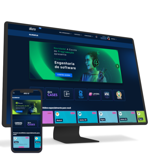 Um monitor e um celular com o Alura+ aberto